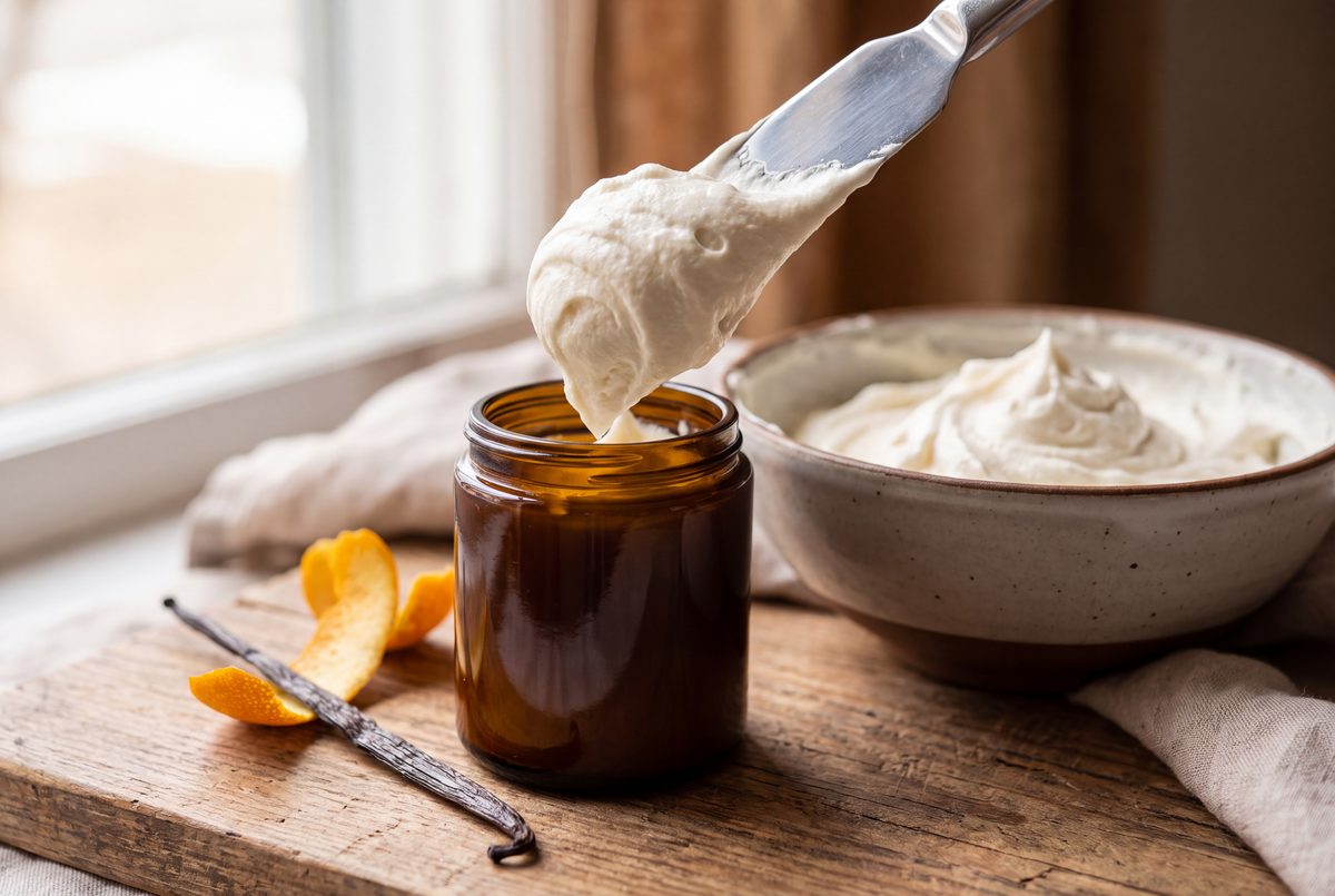 A spatula scooping whipped body butter into an amber glass jar, with a vanilla pod and orange peel beside it.