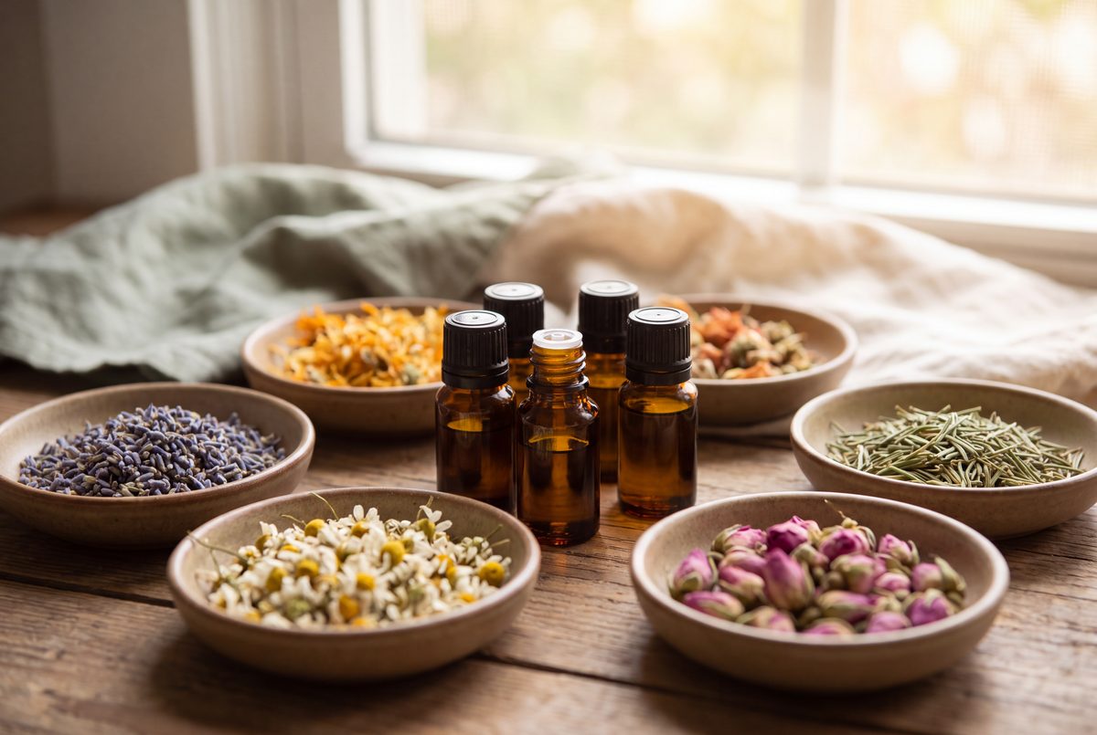 Small amber essential oil bottles surrounded by dried lavender, chamomile, calendula petals, rosemary and rose buds in ceramic dishes.