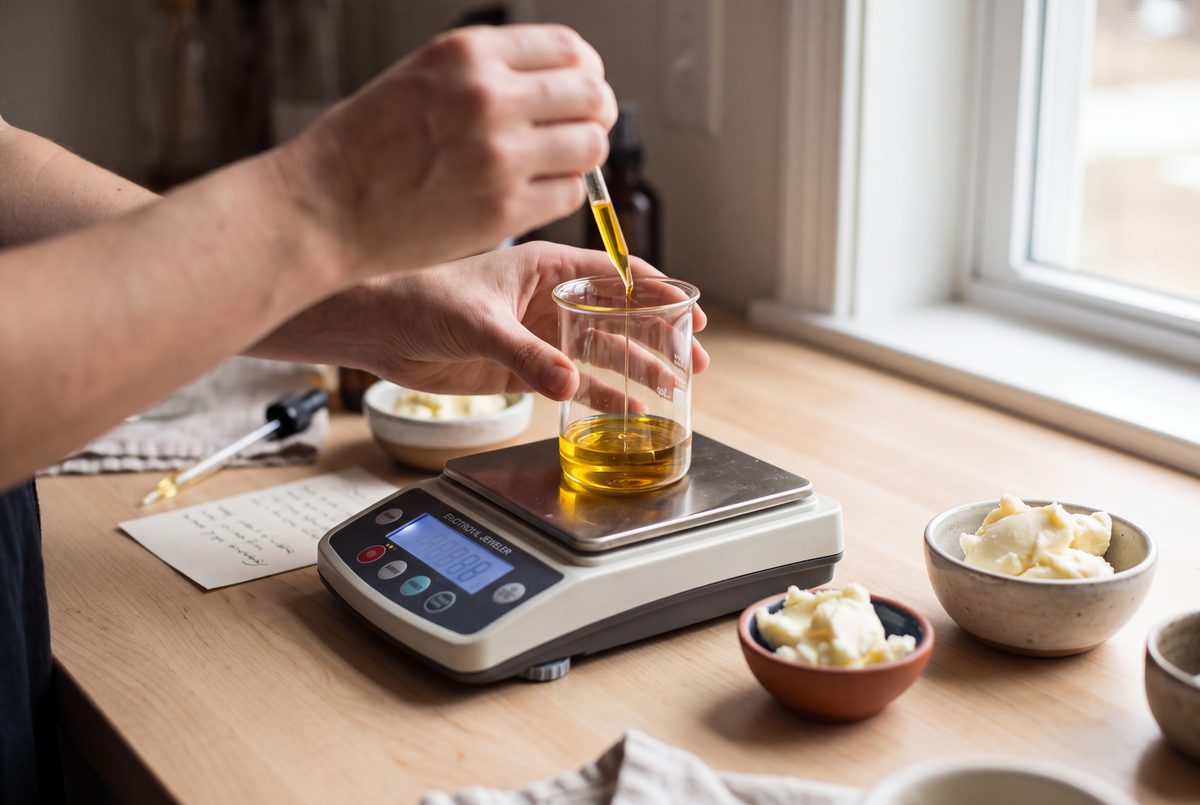 Hands weighing golden oil into a glass beaker on a precision scale, with a pipette and small bowls of butters nearby.
