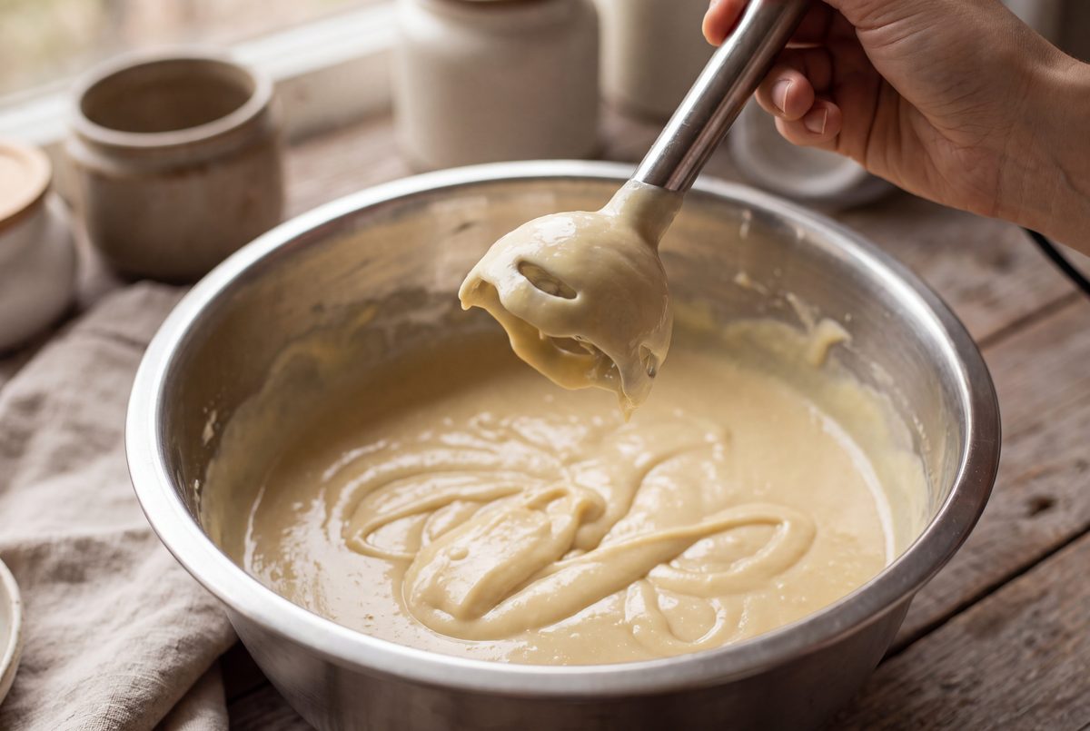 A stick blender lifted from a bowl of soap batter at medium trace, with thick ribbons of batter resting on the surface.