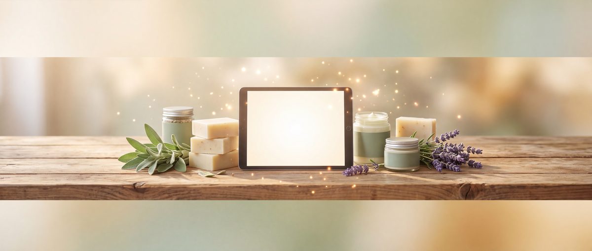 A tablet with a softly glowing screen on a workbench among soap bars, cream jars and fresh herbs.