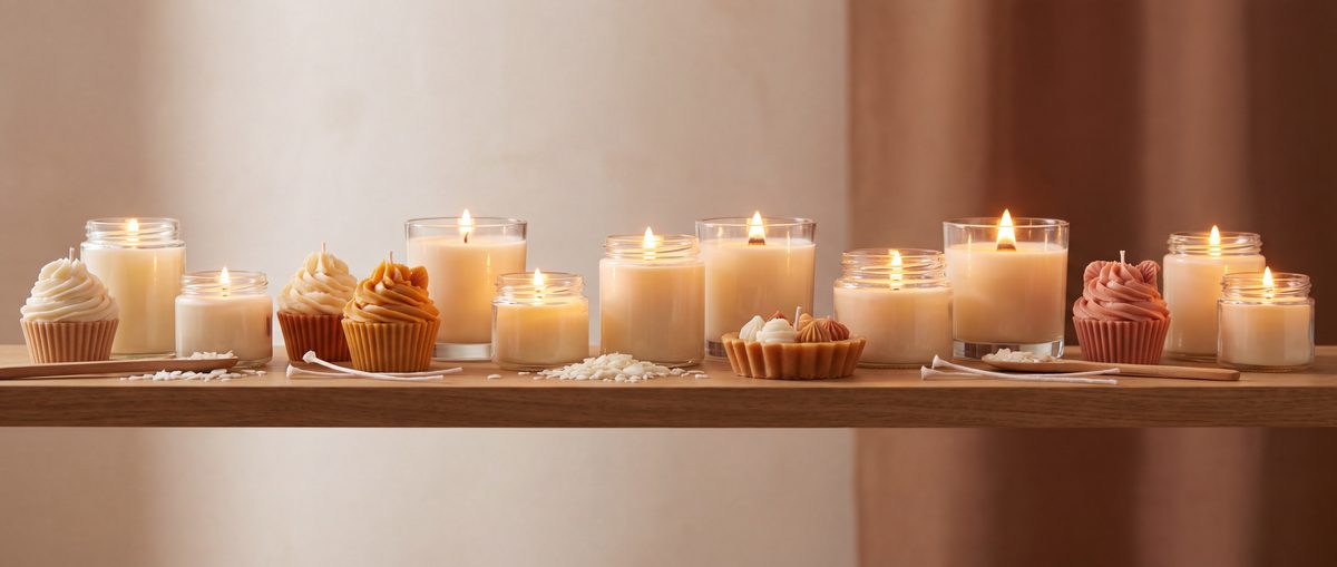 A row of glowing candles in glass jars and dessert-shaped candles on a wooden shelf, with scattered soy wax flakes and cotton wicks.