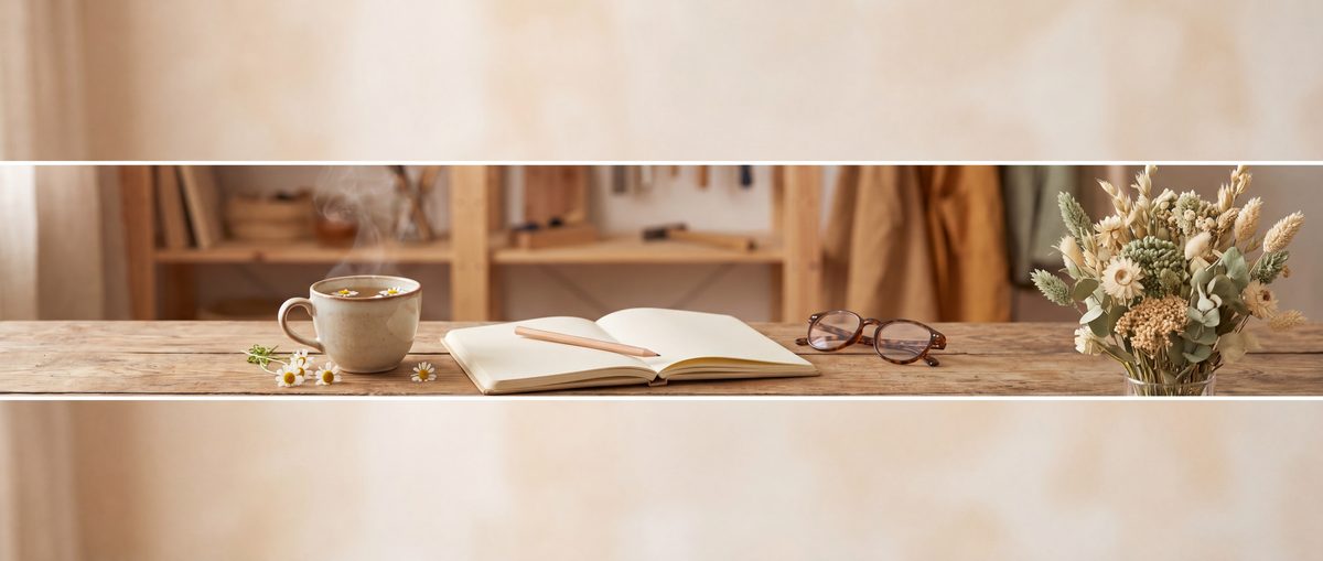 A desk with a cup of chamomile tea, an open notebook, reading glasses and a small bouquet of dried flowers.