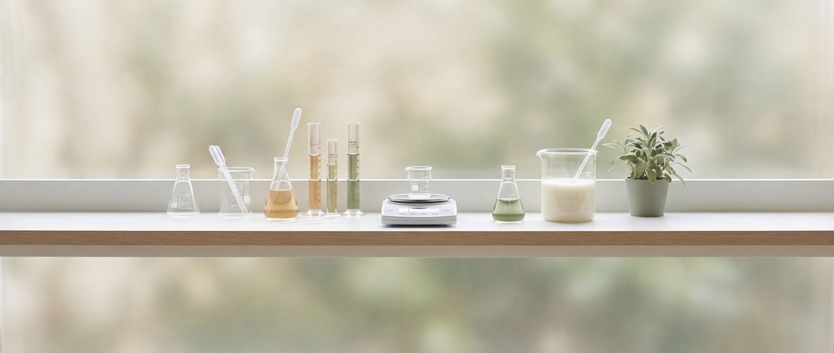 An apothecary lab bench with glass beakers, measuring cylinders, pipettes, a precision scale and a beaker of emulsion.