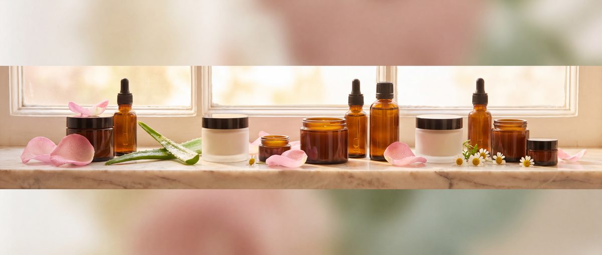 Amber and frosted glass cream jars and dropper bottles on a marble shelf with rose petals, aloe and chamomile.