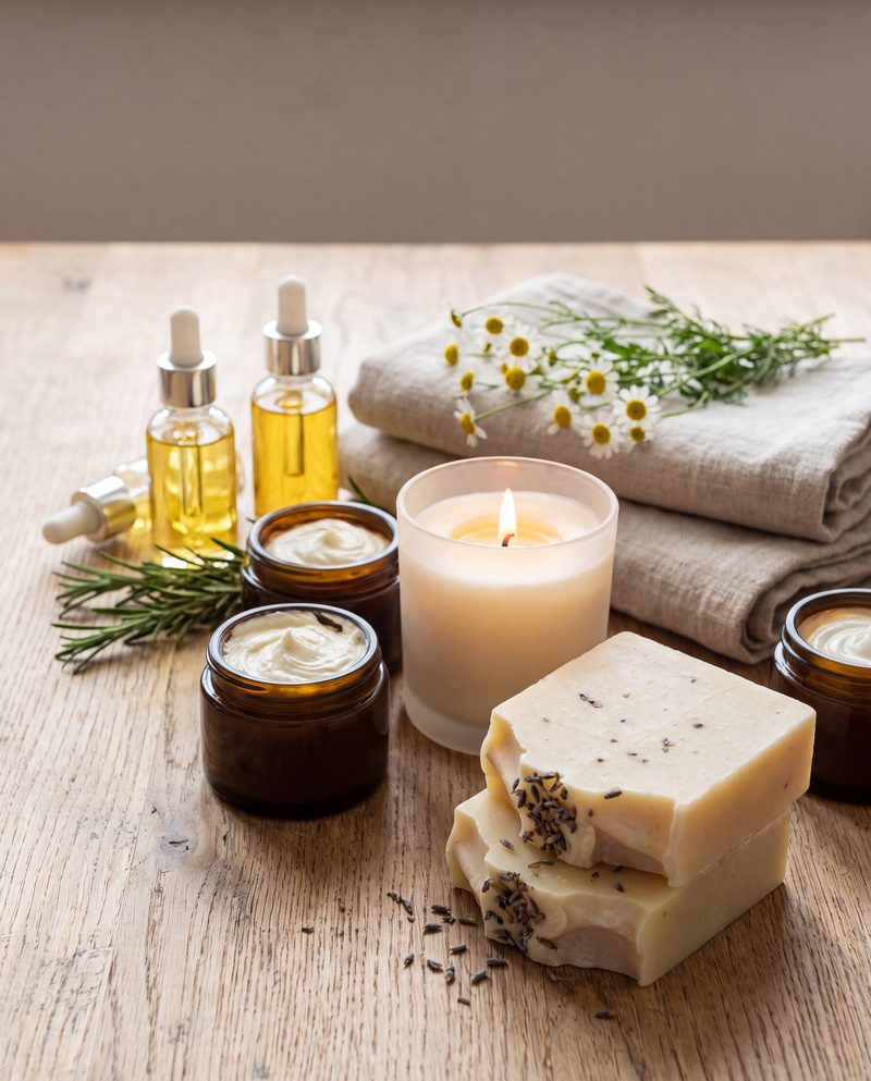 Handmade soap bars, amber jars of body butter and a glowing candle on a rustic oak table, shot upright.