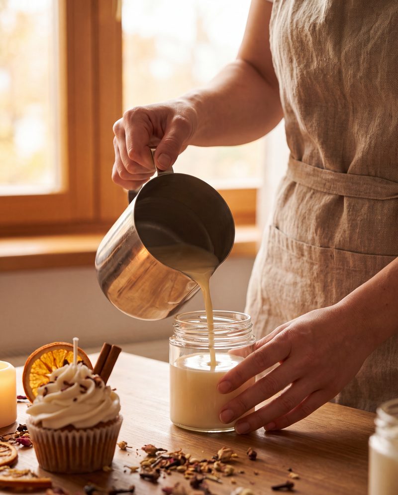 Hands pouring melted soy wax into a glass jar with a cupcake candle in the foreground, shot upright.