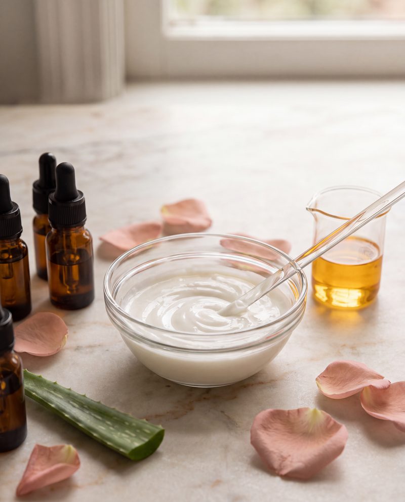 A glass rod stirring face cream in a small bowl, with amber dropper bottles, rosehip oil and rose petals on marble.