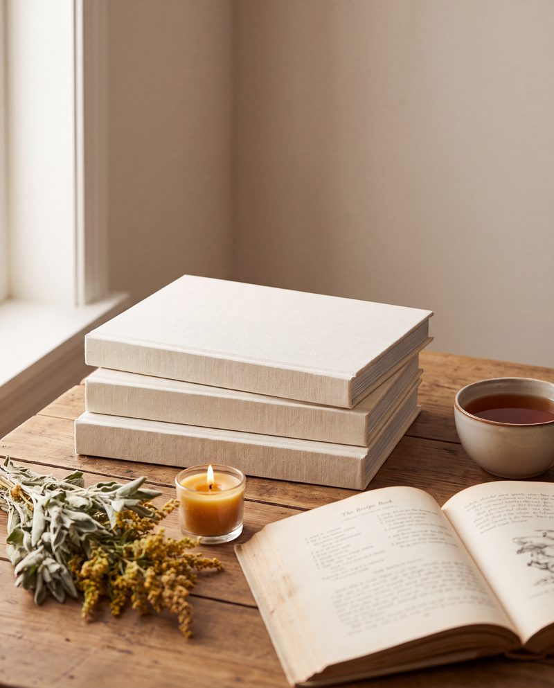 A stack of linen-bound books beside an open recipe book, a cup of herbal tea and a small lit candle.