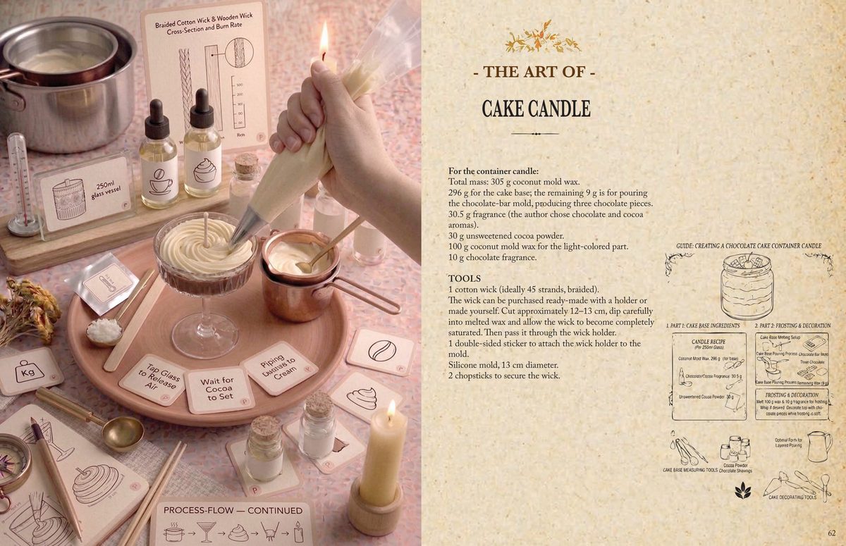 A page spread from the candle book showing a cake candle project, with the wax, temperatures and decoration steps.