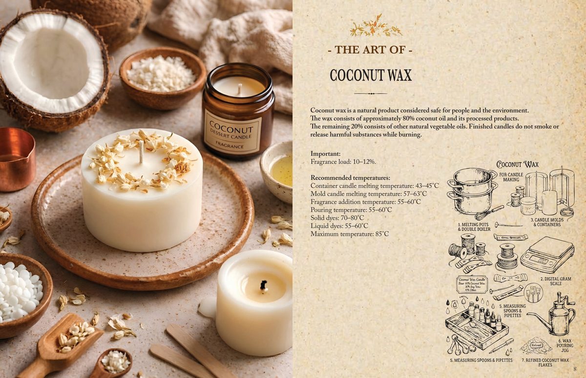 A page spread from the candle book comparing coconut, soy and beeswax, with melt points and pour temperatures.
