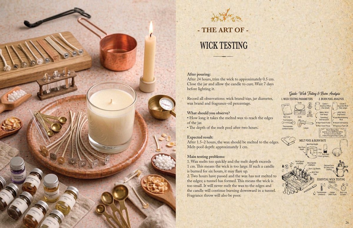 A page spread from the candle book on wick selection and the wick-testing procedure.