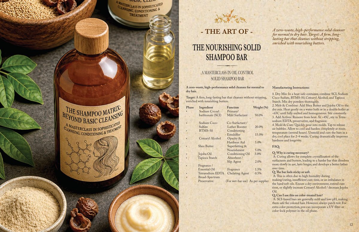 A page spread from the hair care book showing the Nourishing Solid Shampoo Bar, with its phase table of surfactants and butters and the curing instructions.