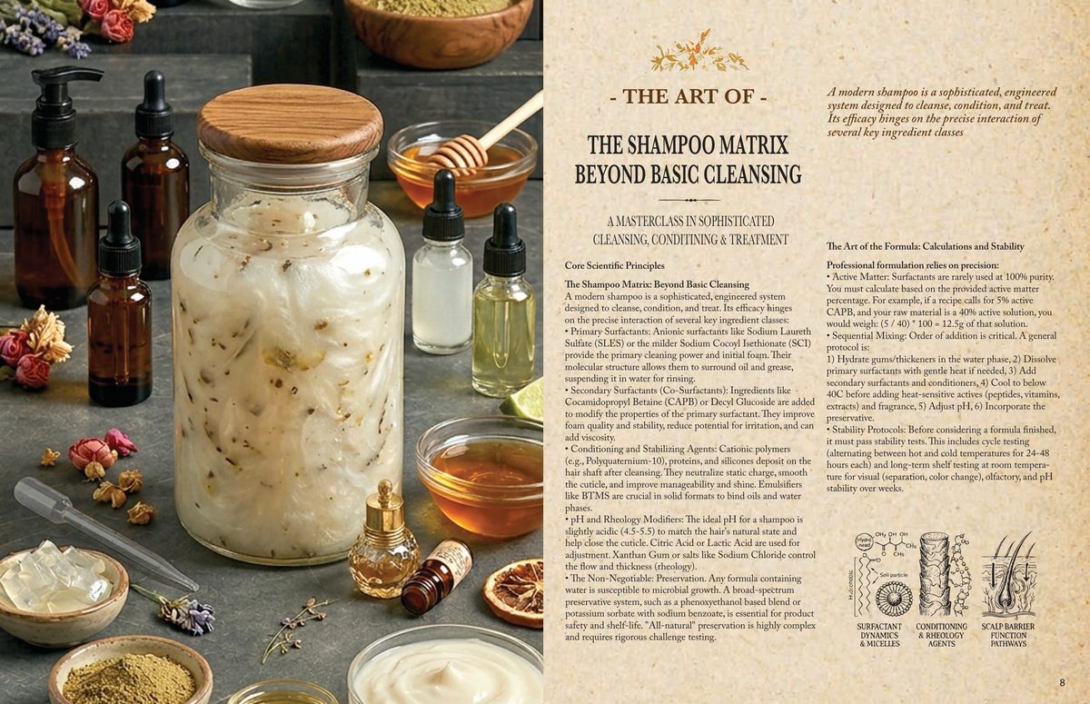 A page spread from the hair care book explaining the shampoo matrix: primary and secondary surfactants, conditioning polymers, pH and rheology modifiers, and preservation.