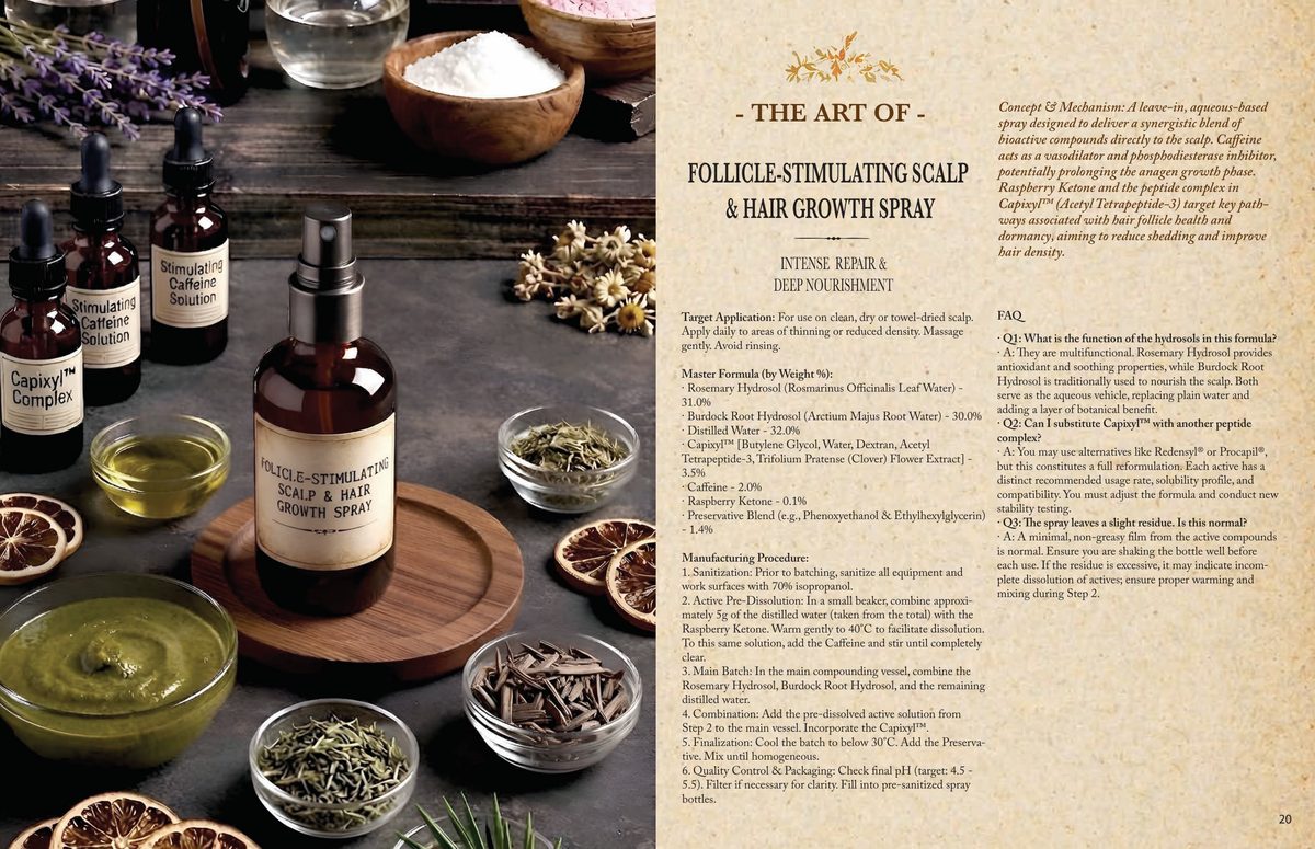 A page spread from the hair care book showing a scalp and hair growth formula with its ingredient table and method.