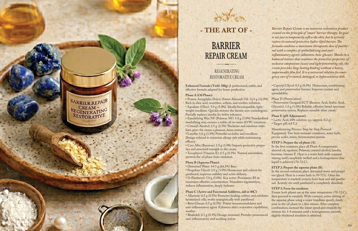 A page spread from the combined edition showing a face cream formula with INCI names, phases, percentages and target pH.