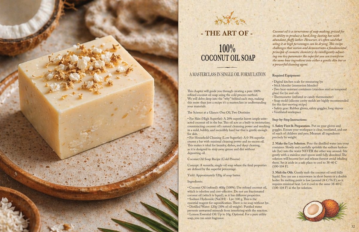 A page spread from the combined edition showing a soap formula with its oil list, lye amounts and method.