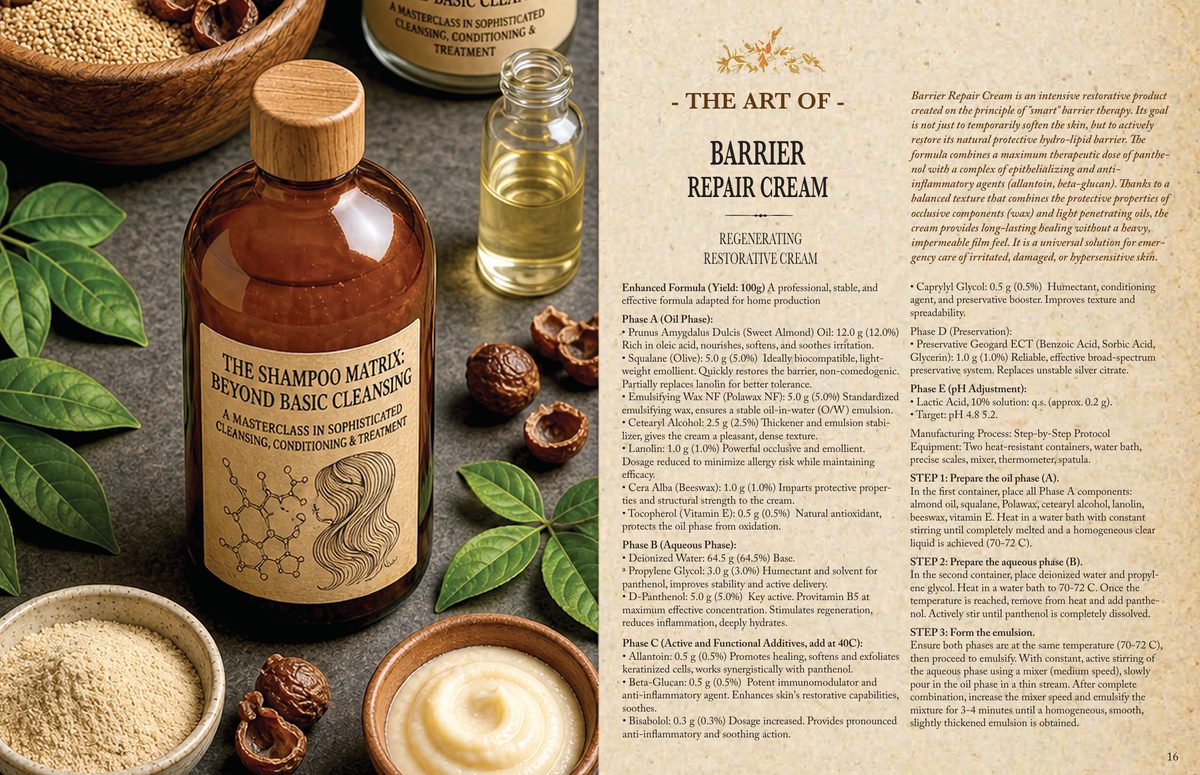 A page spread from the skin care book showing the Barrier Repair Cream: every ingredient with its INCI name, percentage and function, grouped into phases, with target pH and the step-by-step method.