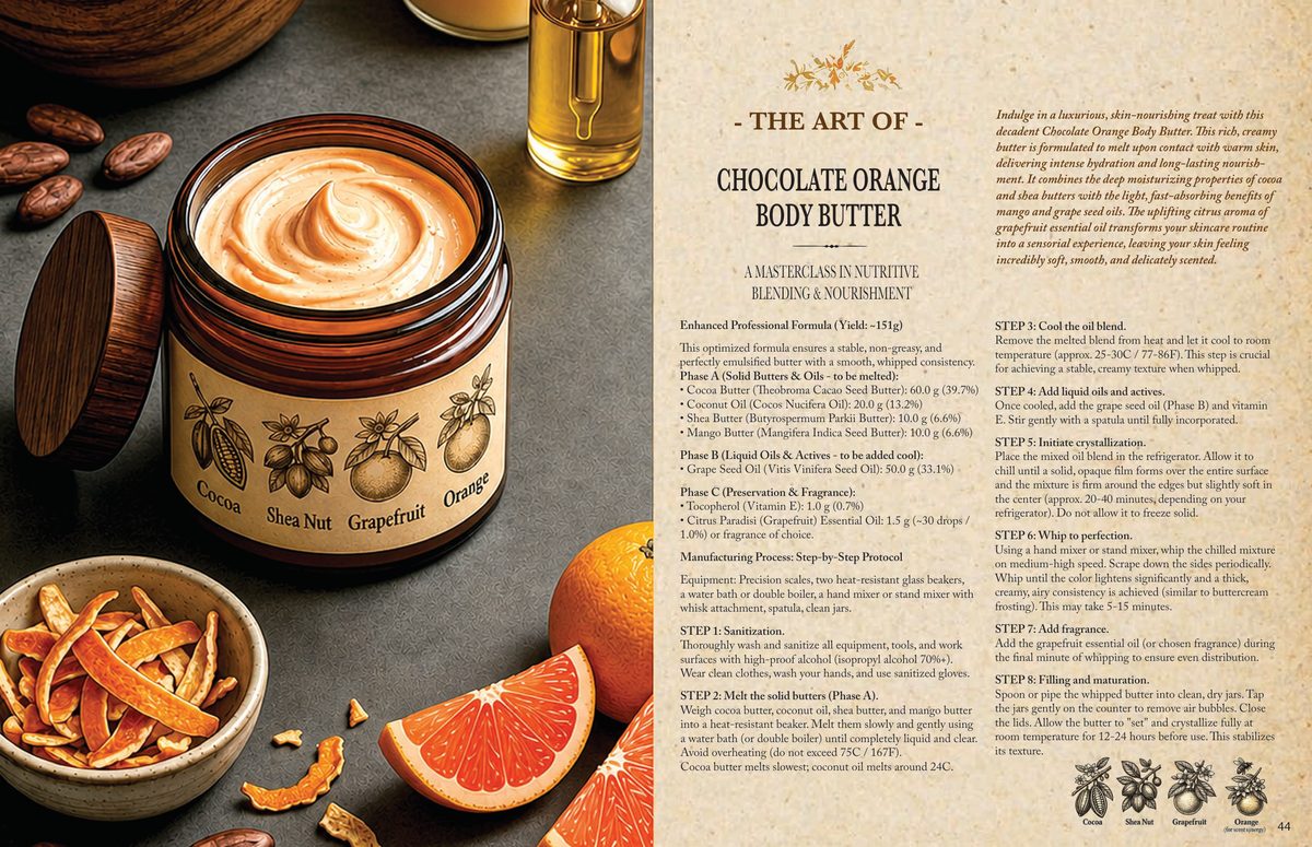 A page spread from the skin care book showing a whipped body butter formula and its method.