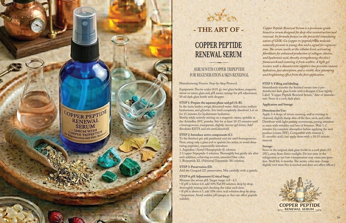 A page spread from the skin care book showing the Copper Peptide Renewal Serum, with its phase table, active percentages and handling notes.