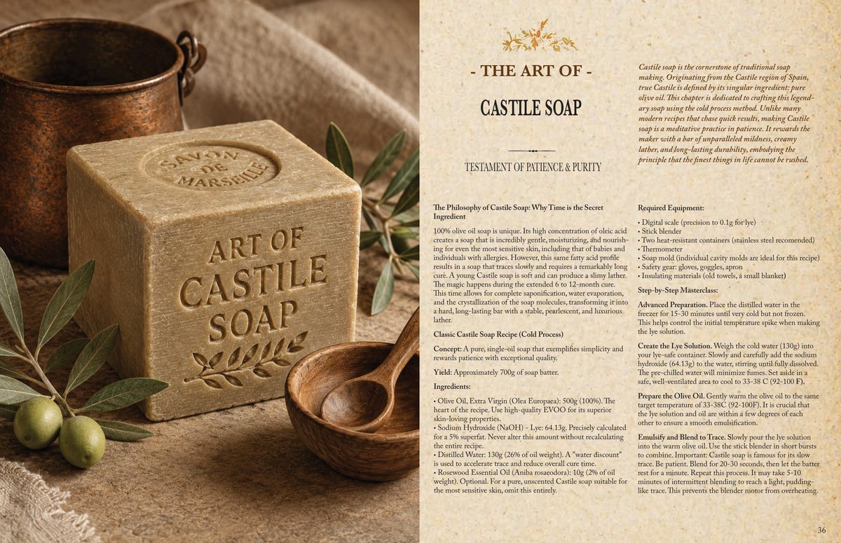 A page spread from the soap book showing the Castile soap formula: the oil list in grams, the lye and water amounts, and the step-by-step method.