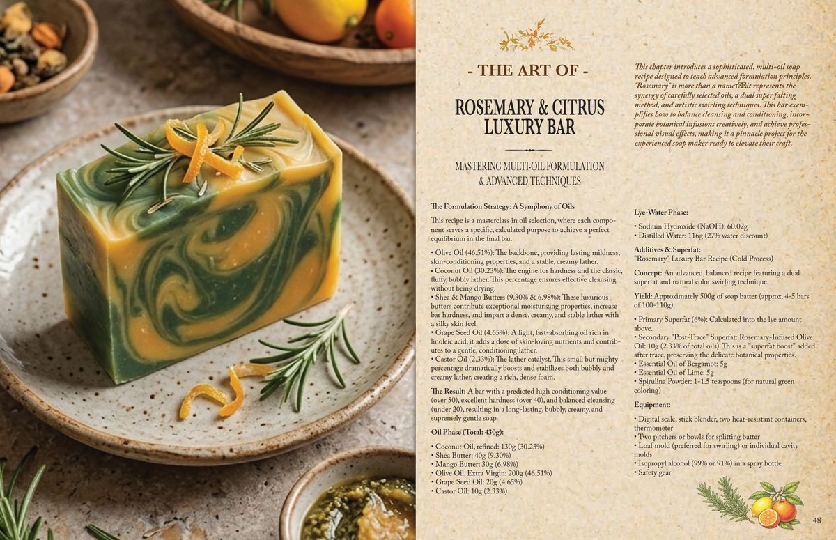A page spread from the soap book showing the Rosemary & Citrus bar, with its oil list, essential oil blend and method.