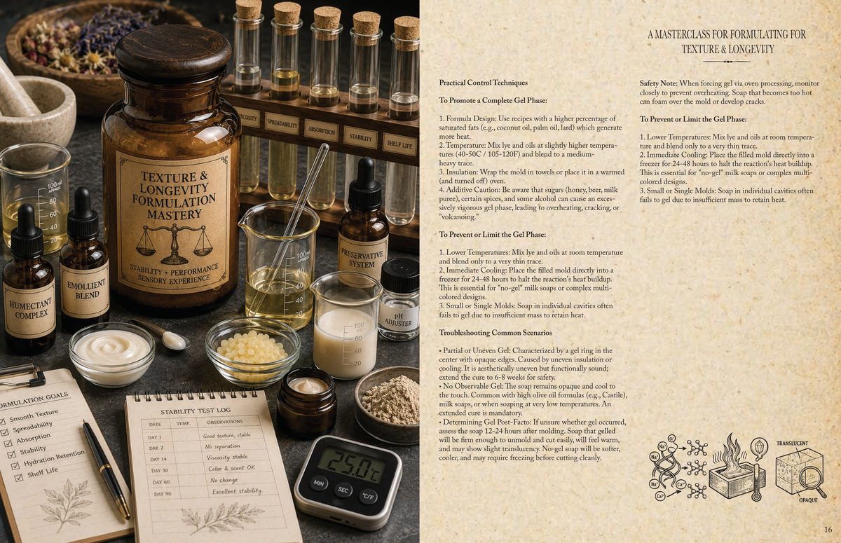 A page spread from the soap book showing the theory chapters, with body text set beside a full-page photograph.